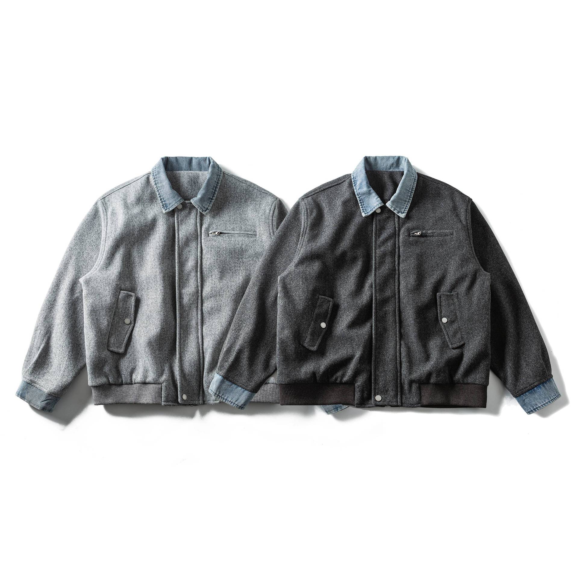 Men's Short Wool Blend Bomber Jacket with Denim Collar and Flap Pockets Chichicherry