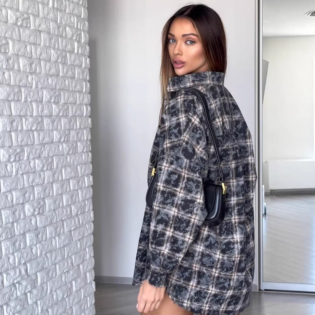 Damen Oversized Karierte Shacket-Hemdjacke mit Druckknopfverschluss und abgerundetem Saum Chichicherry
