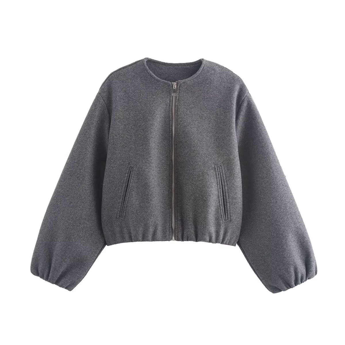 Women Short Wool Look Cropped Jacket with Zipper, Round Neck and Balloon Sleeves Chichicherry