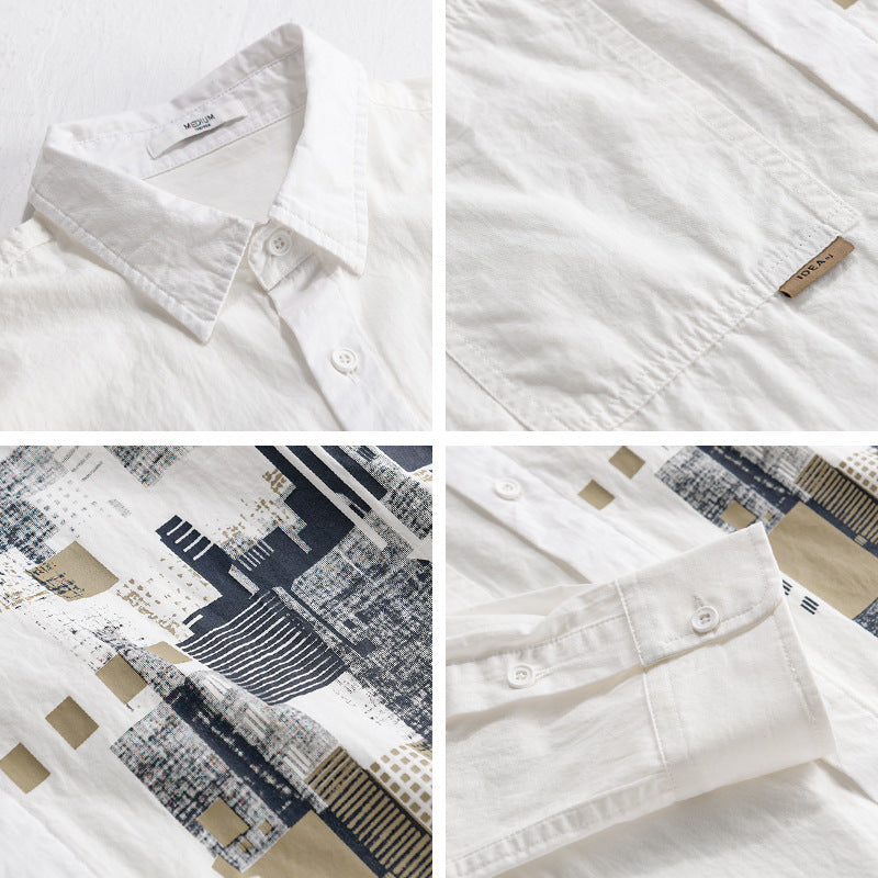 Men's Lightweight Cotton Canvas Overshirt with Abstract Front Print and Double Breast Pocket Chichicherry