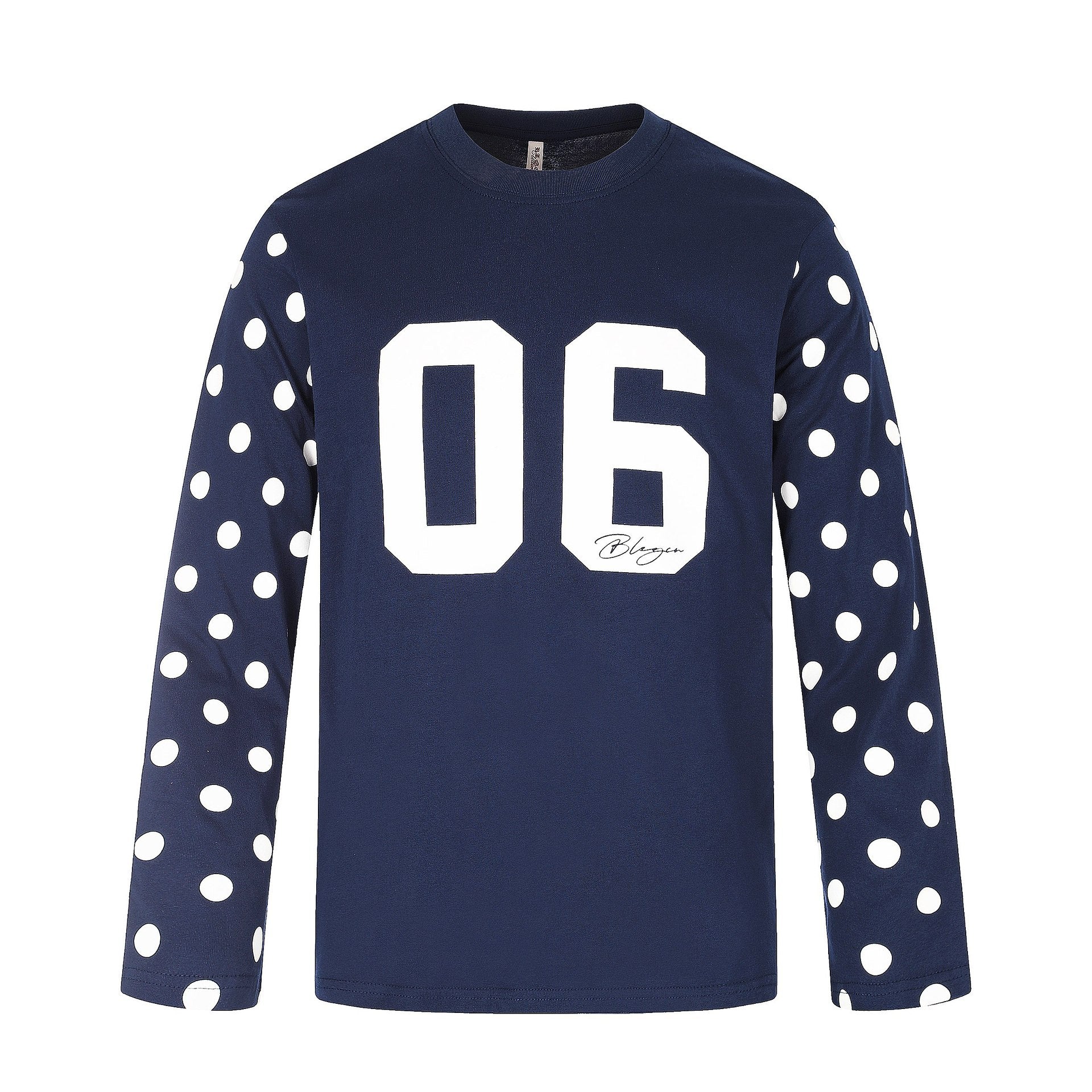 Ladies Long Sleeve Statement Shirt with Polka Dot Sleeves and Number Print Chichicherry