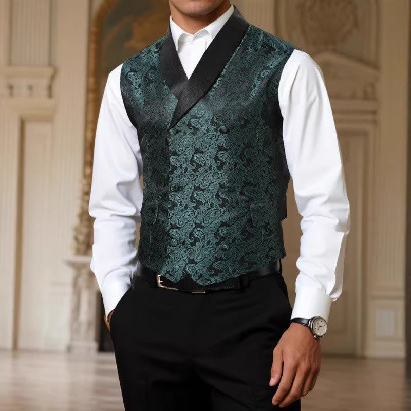 Men's Satin Paisley Vest with Shawl Collar and Tailored Tuxedo Look Chichicherry