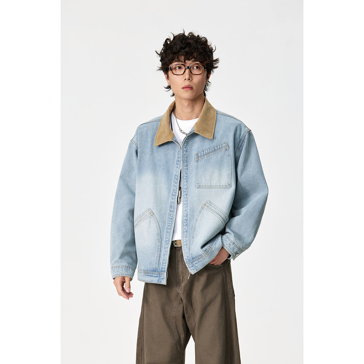 Men's Relaxed Denim Jacket with Contrast Corduroy Collar and Slanted Chest Pocket Chichicherry