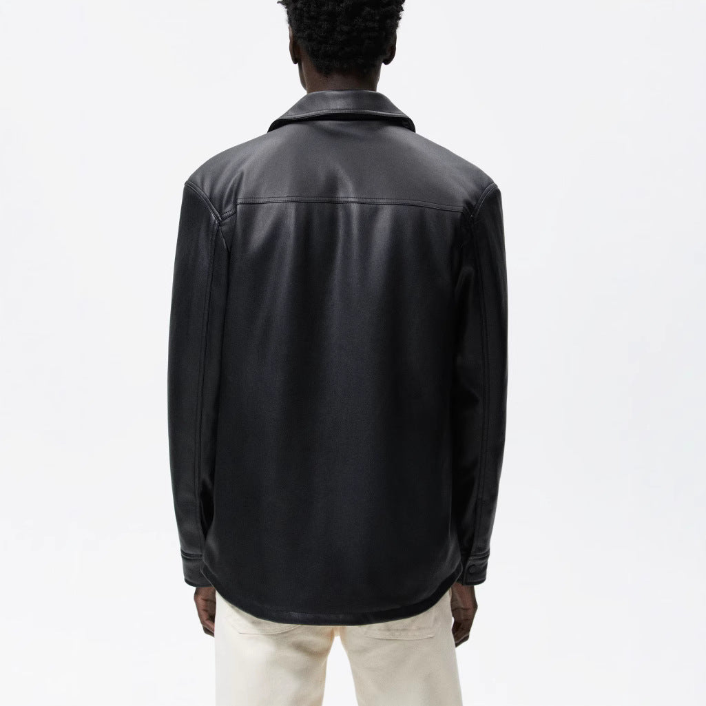 Men's Vegan Smooth Leather Overshirt in Shirt Jacket Style with Concealed Snap Button Placket Chichicherry