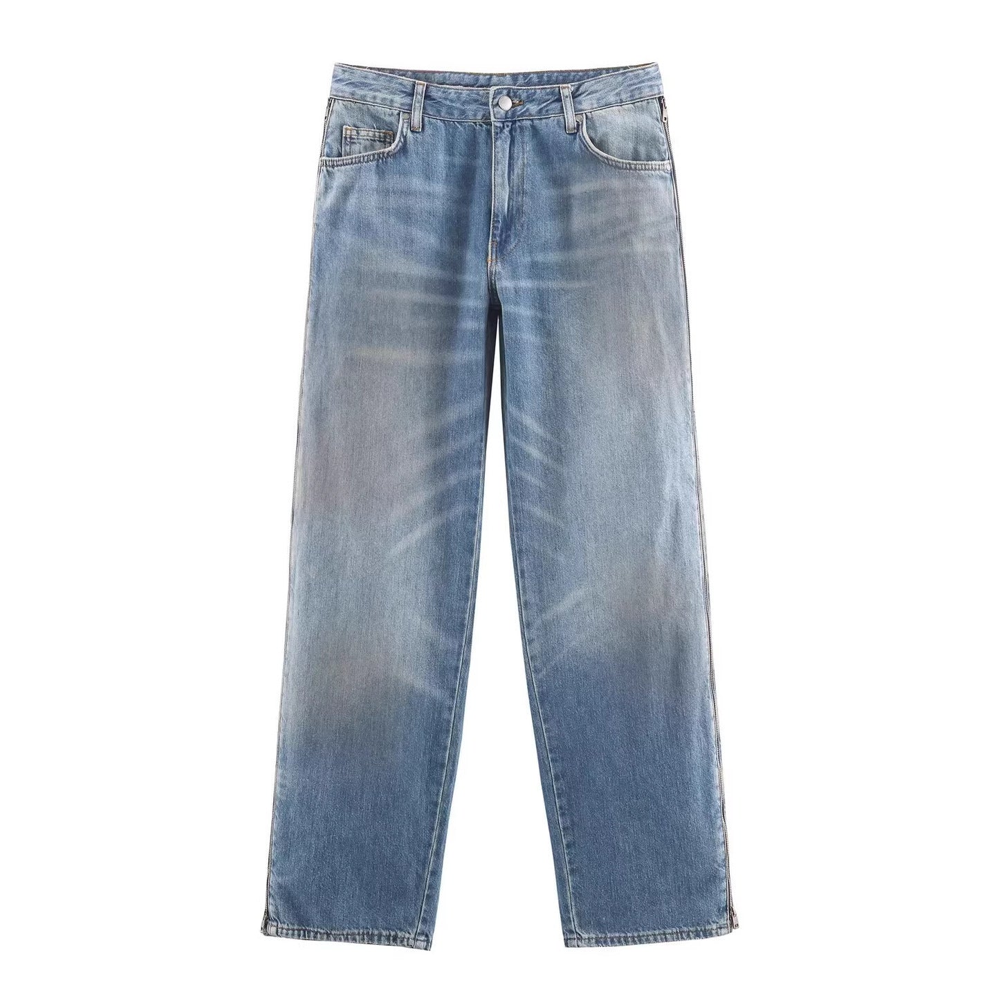 Ladies Wide High-Waist Jeans with Straight Leg and Vintage Wash Chichicherry
