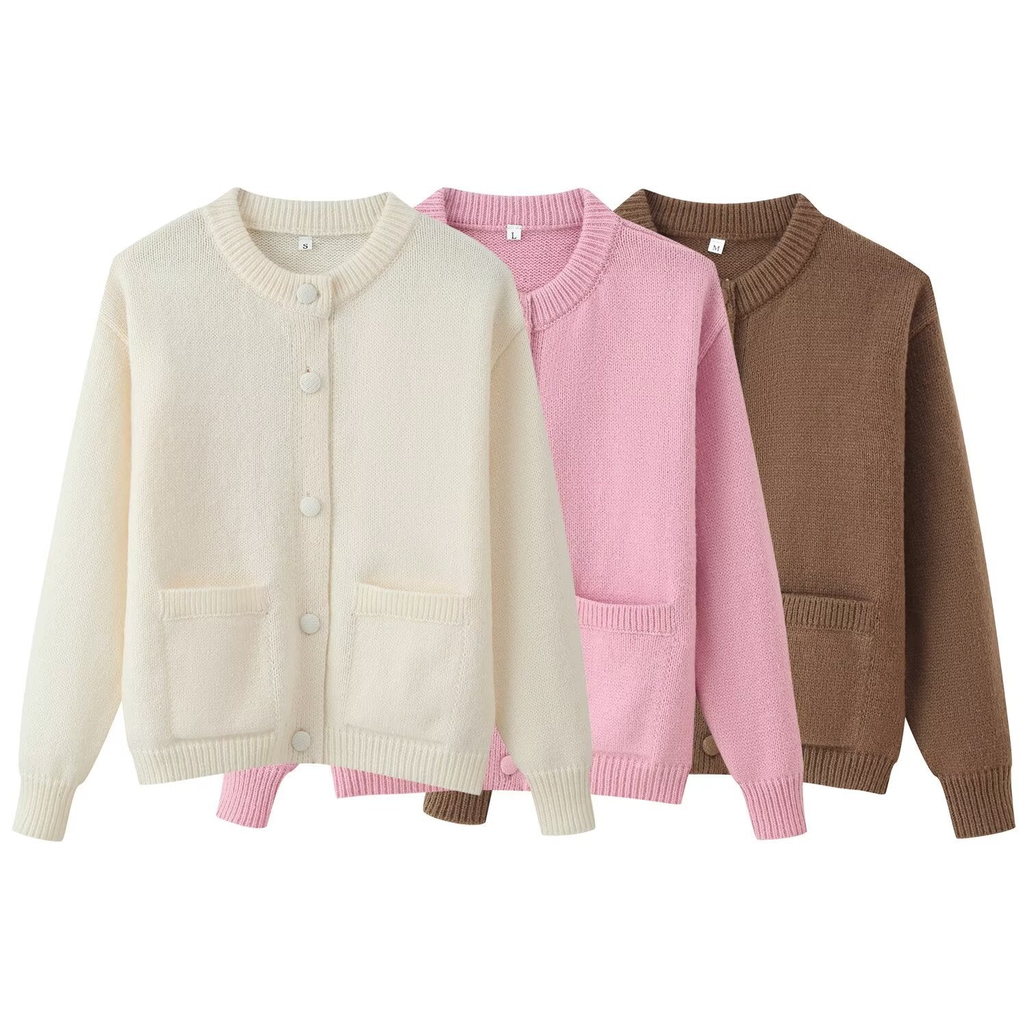 Ladies fine knit cardigan with round neck, patch pockets and boxy silhouette Chichicherry