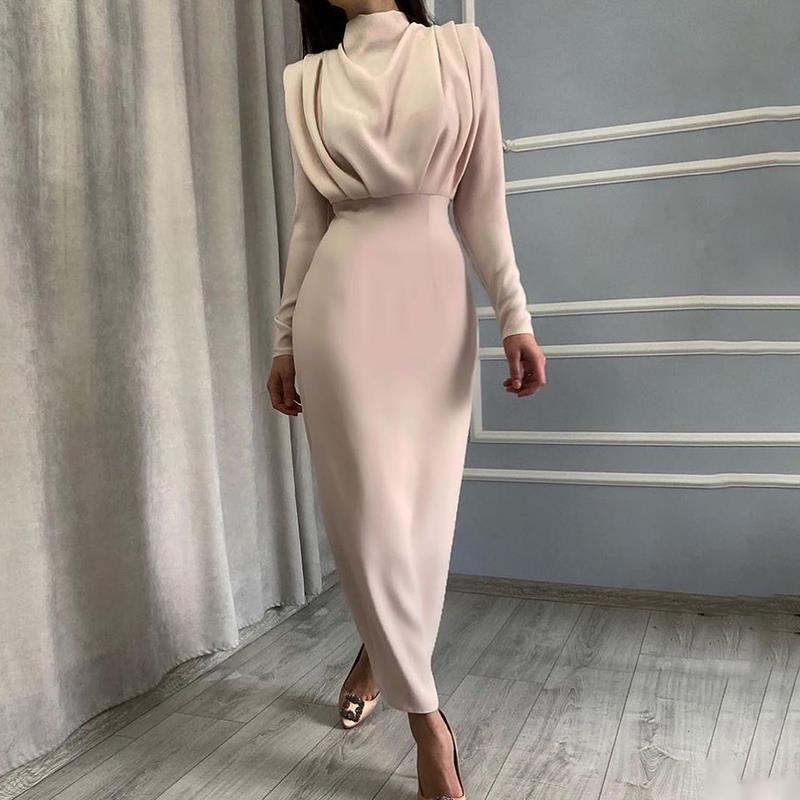 Ladies Tailored Midi Dress with Draping on the Bodice and Stand Collar Chichicherry