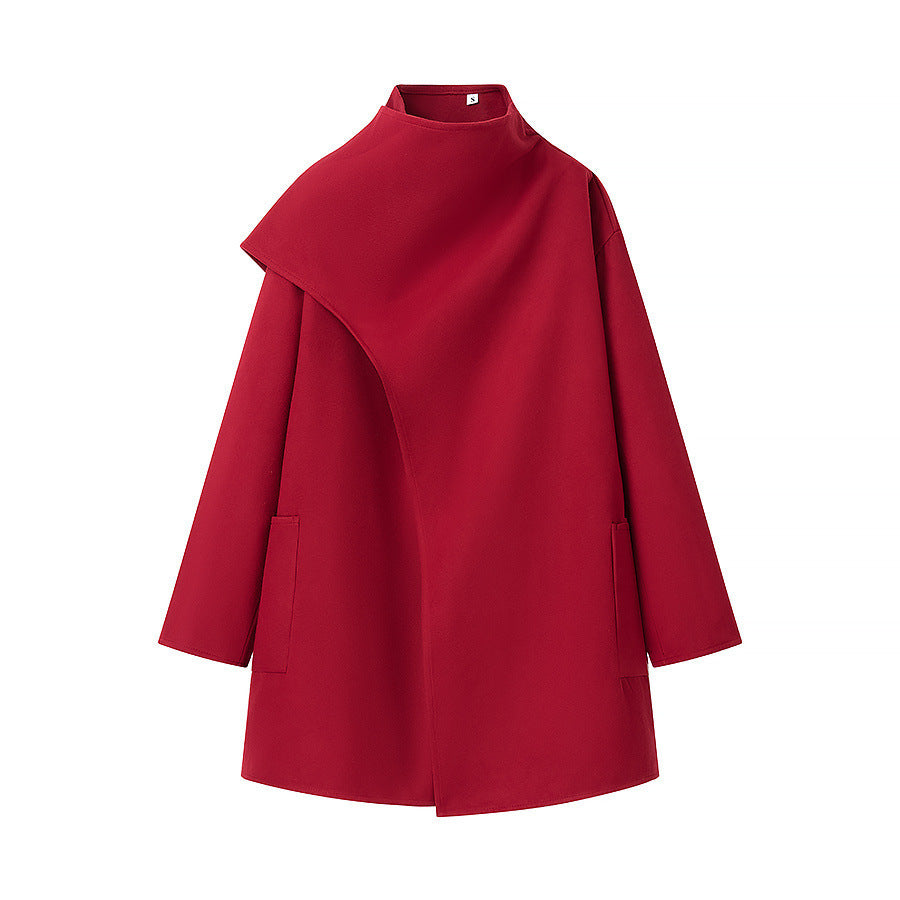 Women's oversized coat with stand-up collar, asymmetrical overlay, and patch pocket Chichicherry