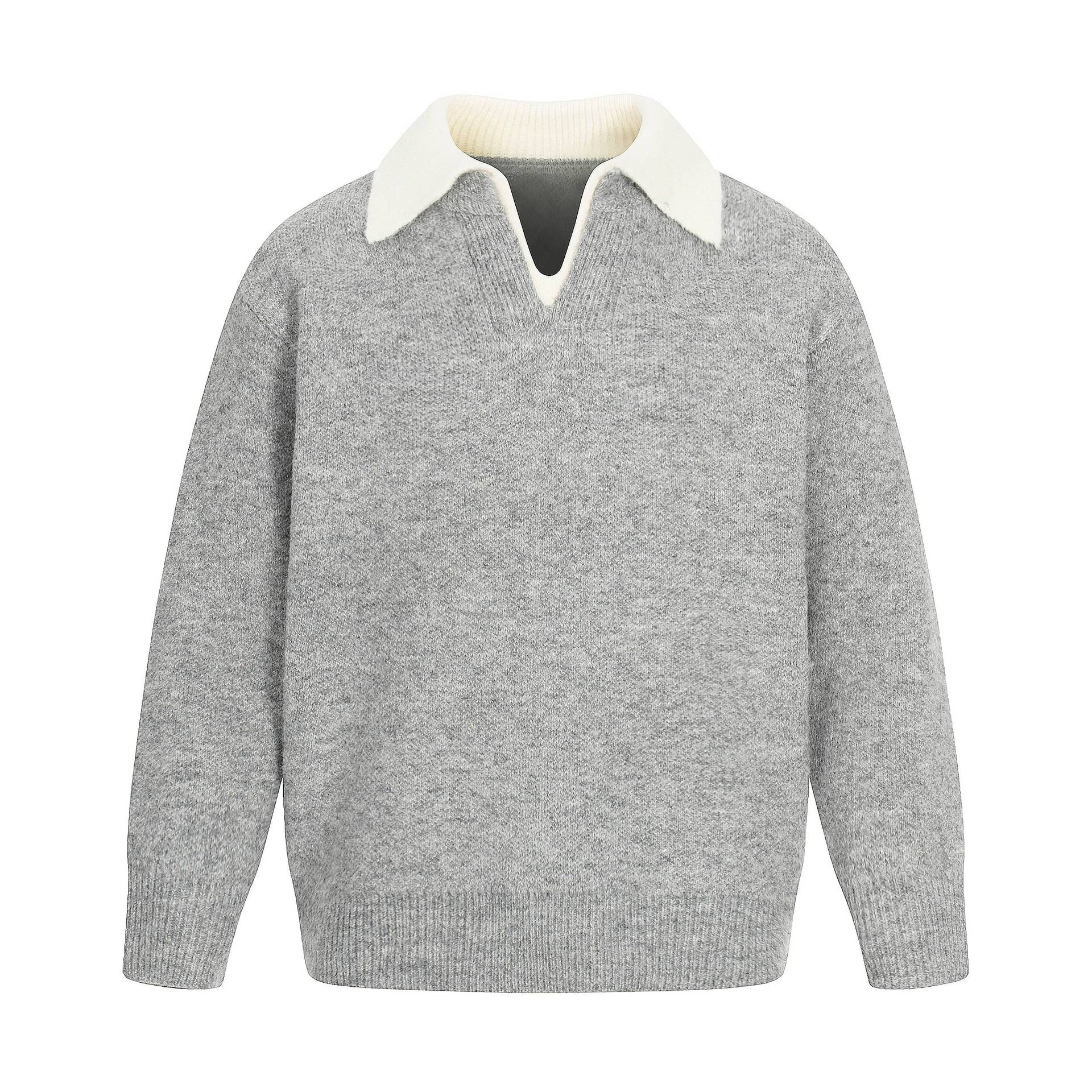 Women Oversize Wool Blend Sweater with Contrast Polo Collar and V-Neck Chichicherry