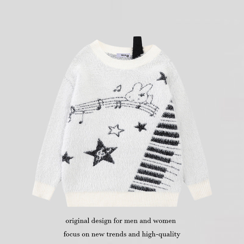 Women's Cozy Knit Sweater with Cartoon Note and Star Motif Chichicherry