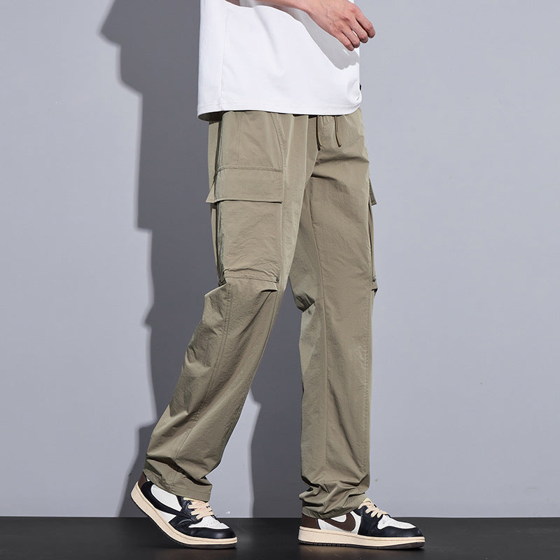Men's Lightweight Cargo Casual Trousers with Drawstring, Multi-Pockets and Straight Cut Chichicherry