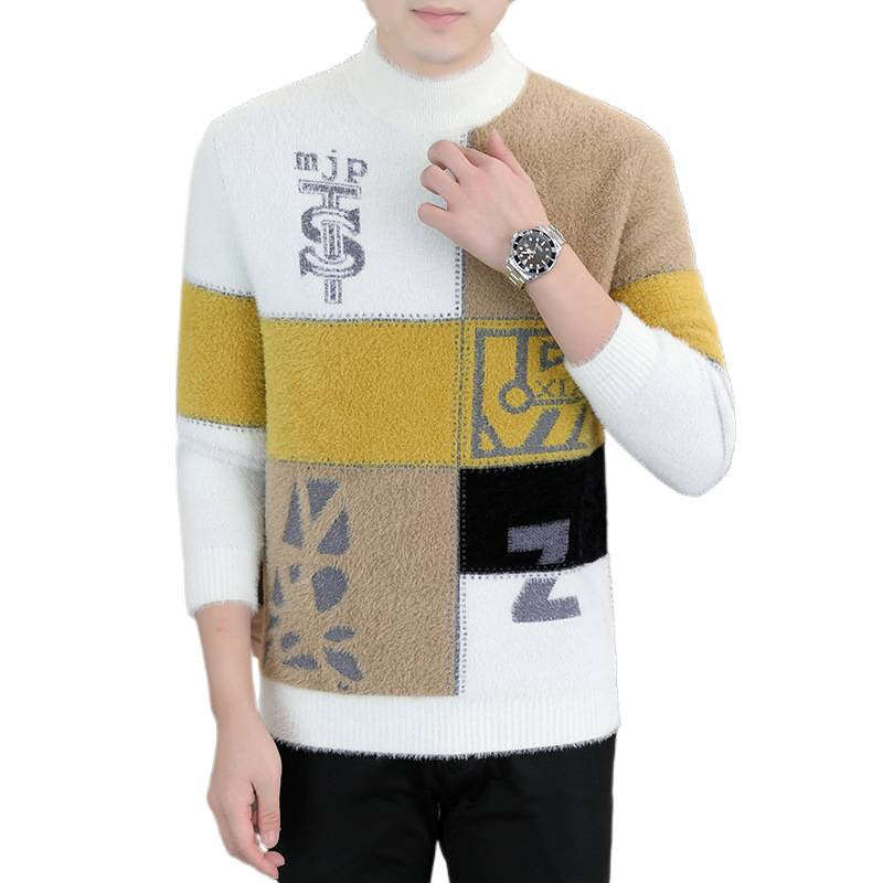 Herren Gemusterter Rollkragenpullover aus flauschigem Bouclé‑Mix mit Patch‑Intarsien Chichicherry
