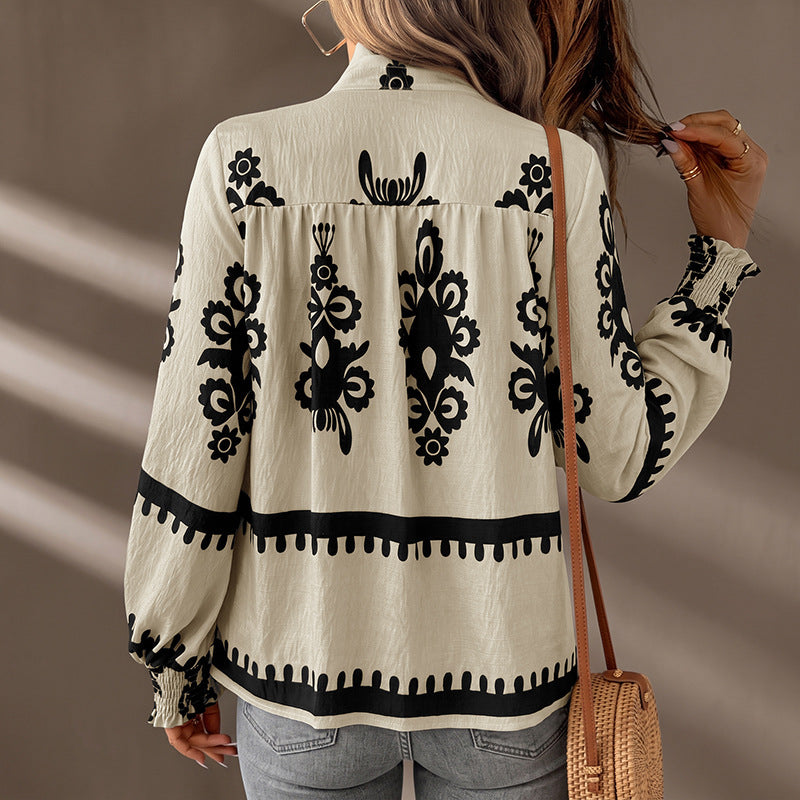 Women's Loose Blouse Shirt with Folk Print, Ruffled Collar and Smocked Sleeve Cuffs Chichicherry