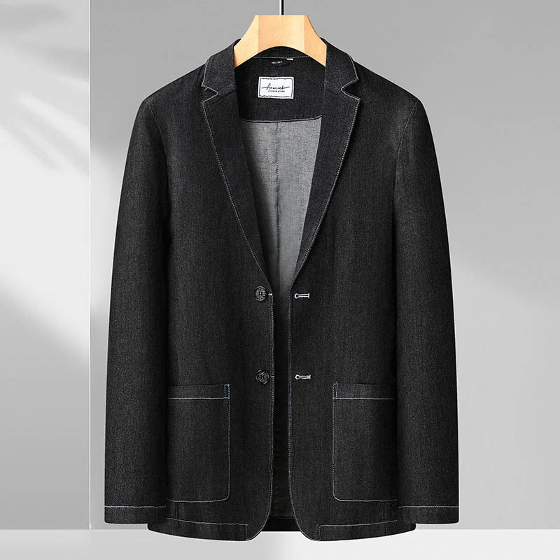 Men's Jeans Blazer in Casual-Elegant Style with Lapel Collar and Patch Pockets Chichicherry