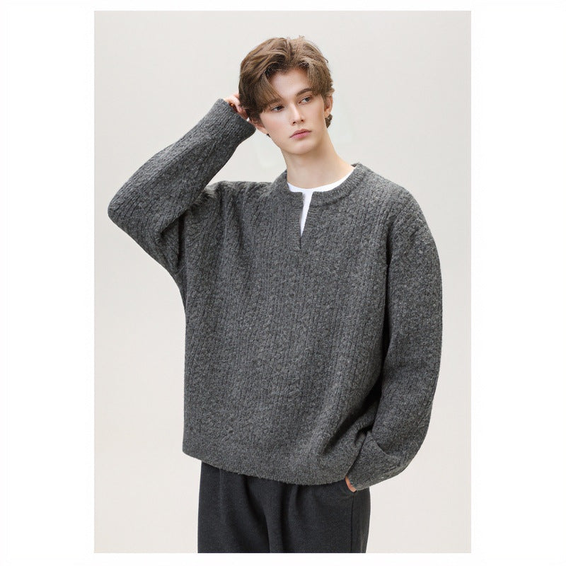 Damen Grobgestrickter Zopfmuster-Pullover mit V‑Ausschnitt und Lagen‑Optik Chichicherry