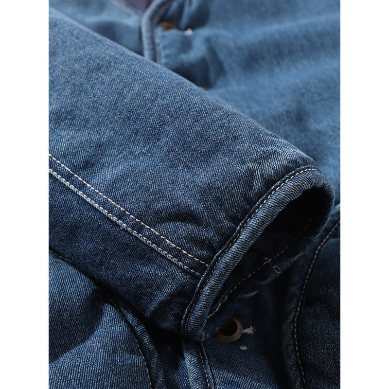 Herren Gefütterte Denim-Utility-Jacke ohne Kragen mit Knopfverschluss und runden Pattentaschen Chichicherry