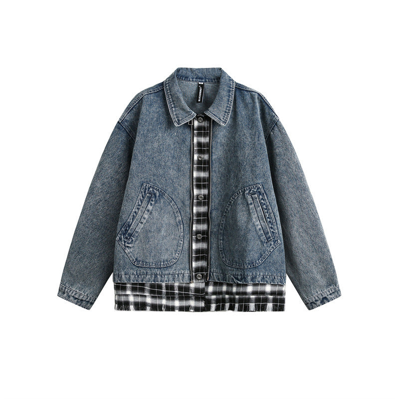 Unisex Kastig cut Denim jacket in layered look with checked lining Chichicherry