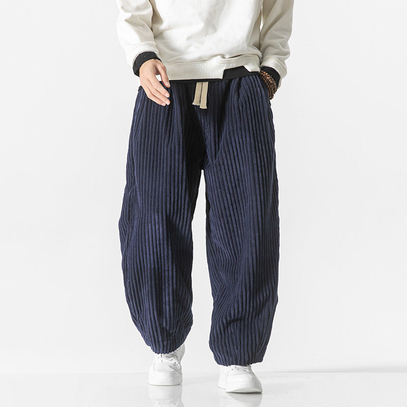 Men's Loose-Fit Corduroy Balloon Pants with Drawstring and Wide Rib Relief Chichicherry