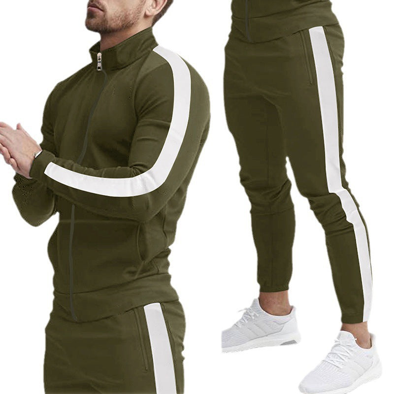 Men's Stylish Tapered Training Suit in Retro Stripe Look with Stand-Up Collar Chichicherry