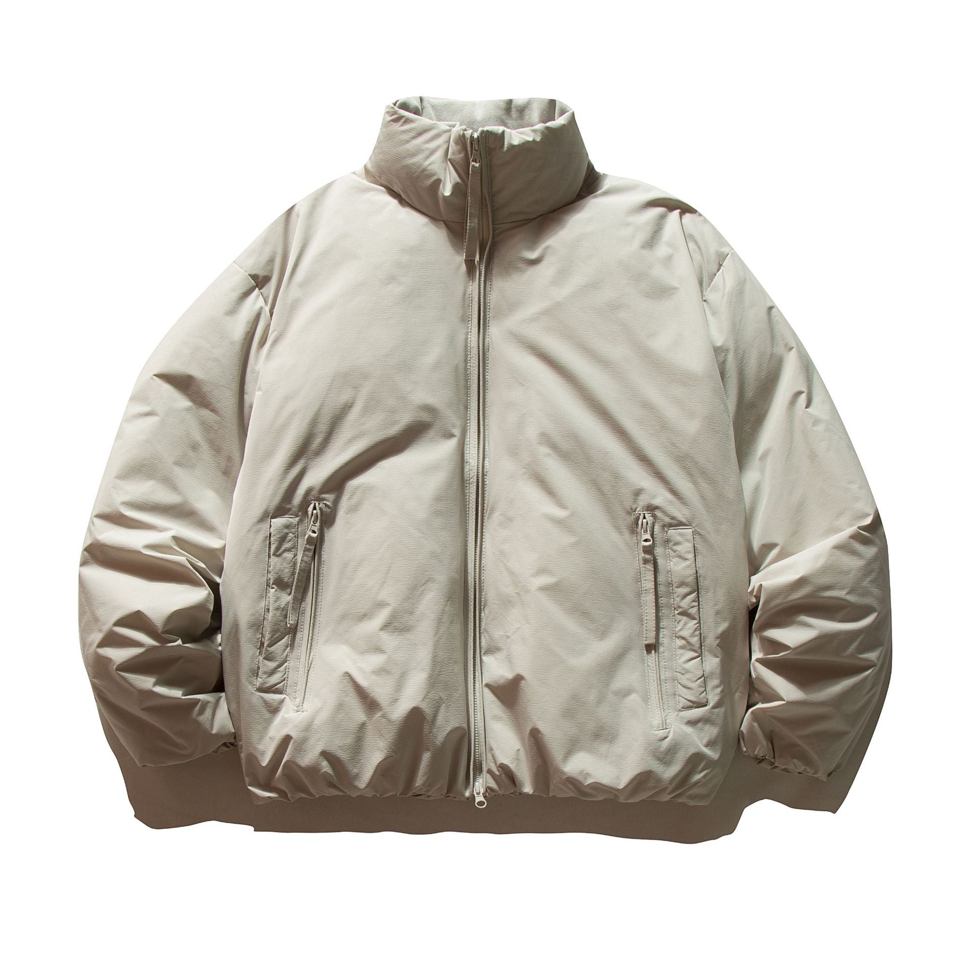 Unisex Short Cut Boxy Insulation Jacket with High Stand Collar and Zipper Pockets Chichicherry