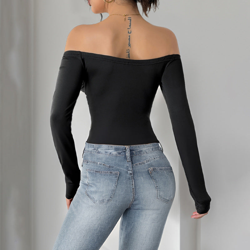 Women's Off-Shoulder Long Sleeve with Rose Appliqué and Tailored Gathering Chichicherry