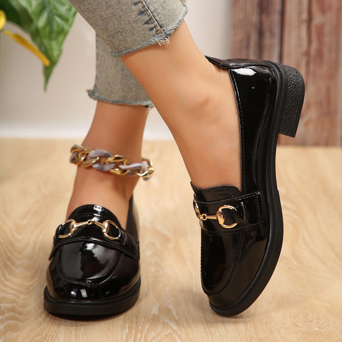 Ladies Patent Leather Platform Loafer with Gold Horsebit Detail and Low Block Heel Chichicherry