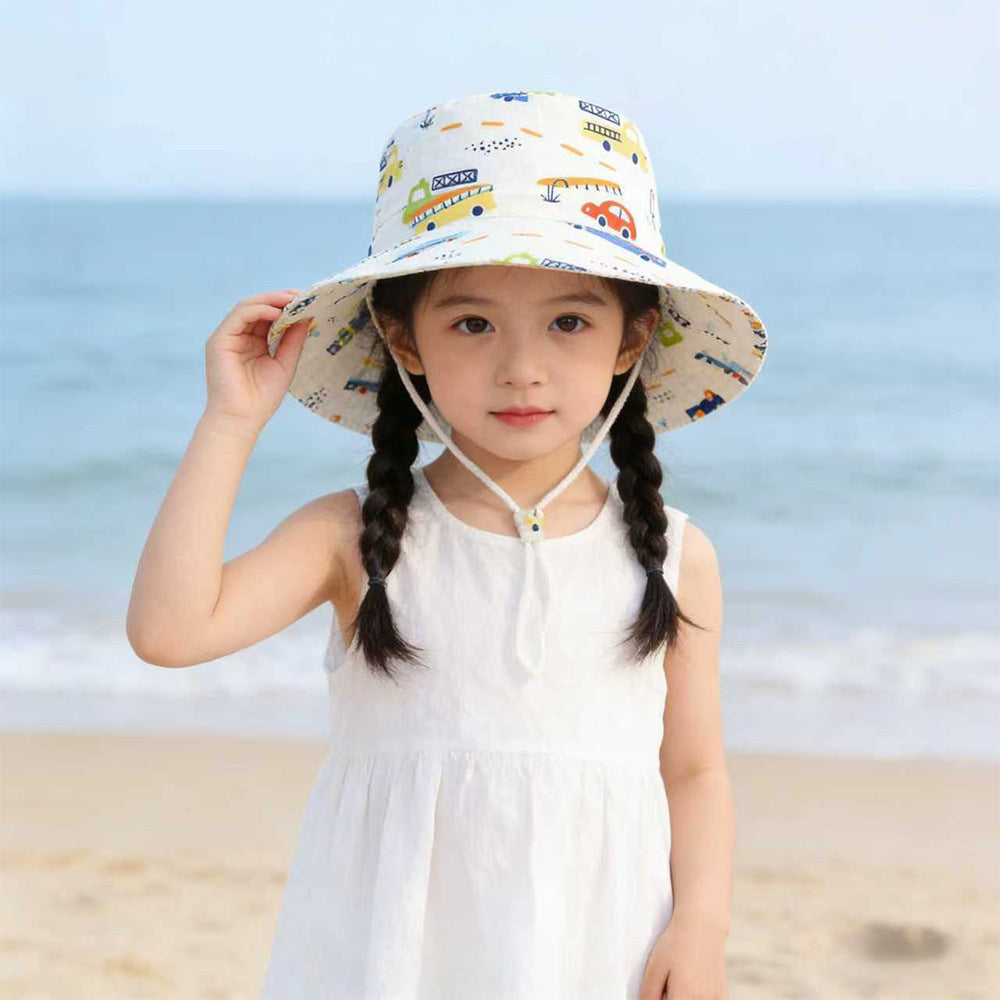 Unisex children's sun hat with wide brim adjustable chin strap and unicorn print Chichicherry