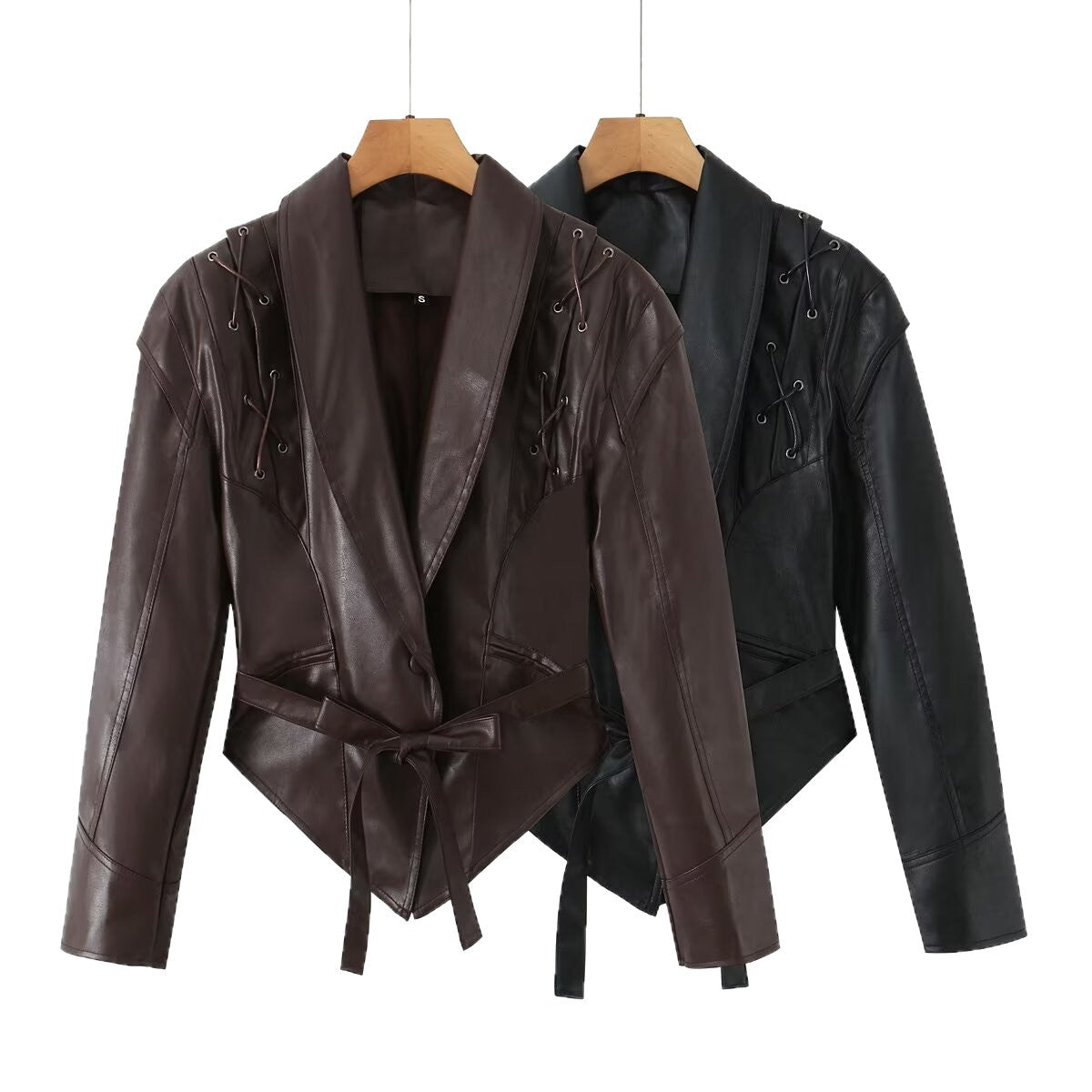 Women's tailored faux leather blazer with lacing details at the shoulders and tie belt Chichicherry