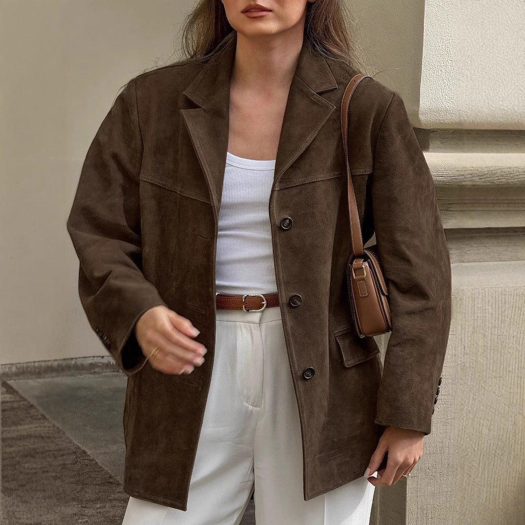 Women's Oversized Suede Blazer with Lapel Collar and Flap Pockets Chichicherry