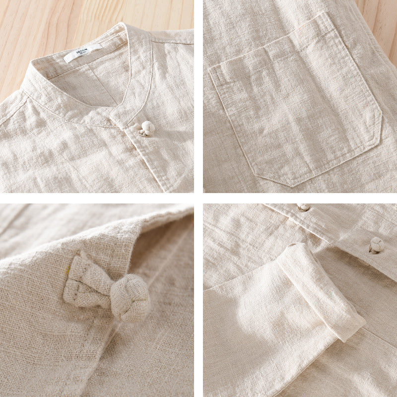 Men's Relaxed Linen Overshirt with Stand-Up Collar and Traditional Knot Closures Chichicherry