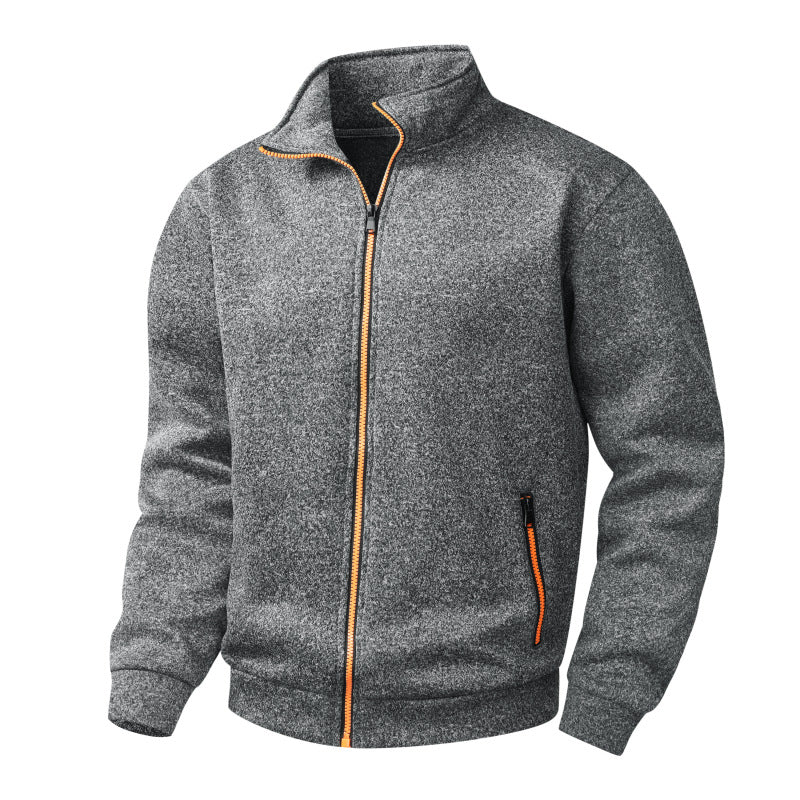 Men's Melange Zipper Fleece Jacket with Stand-Up Collar, Warming Texture & Contrast Zipper Chichicherry