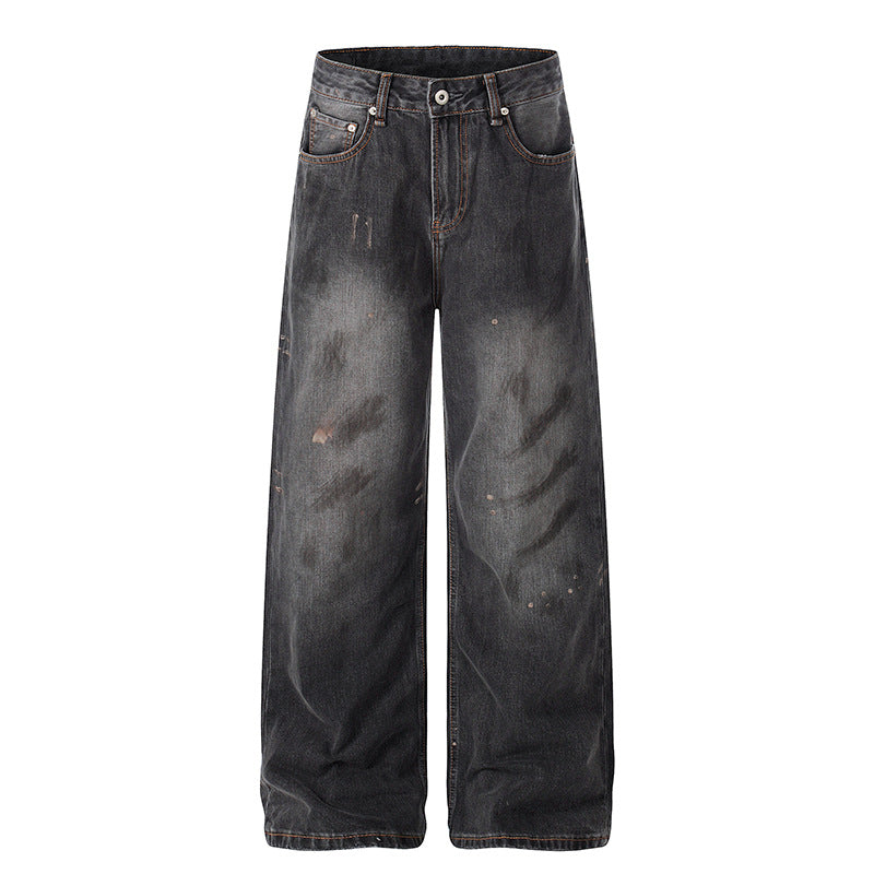 Women High-Cut Loose Distressed Denim Culotte Jeans with Paint-Splatter and Used Effect Chichicherry