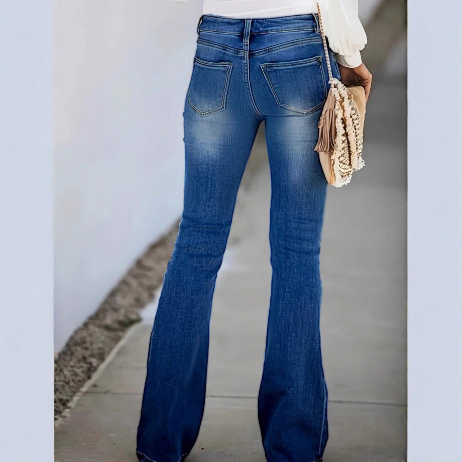 Women's high-waisted flared jeans with visible button fly, destroyed knee & sculpting stretch fit Chichicherry