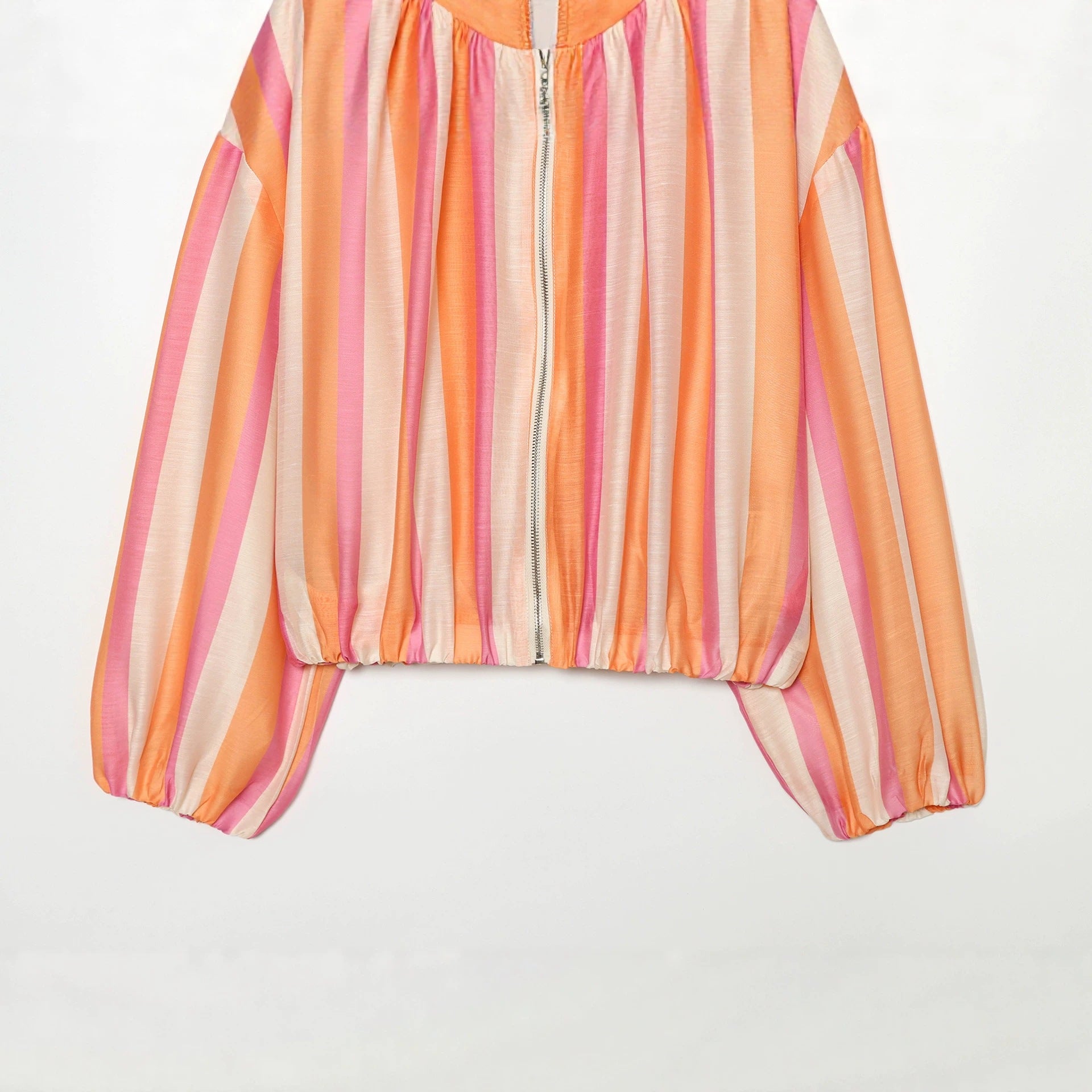 Women's Striped Cropped Bomber Jacket with High Stand Collar, Balloon Sleeves and Zipper Chichicherry