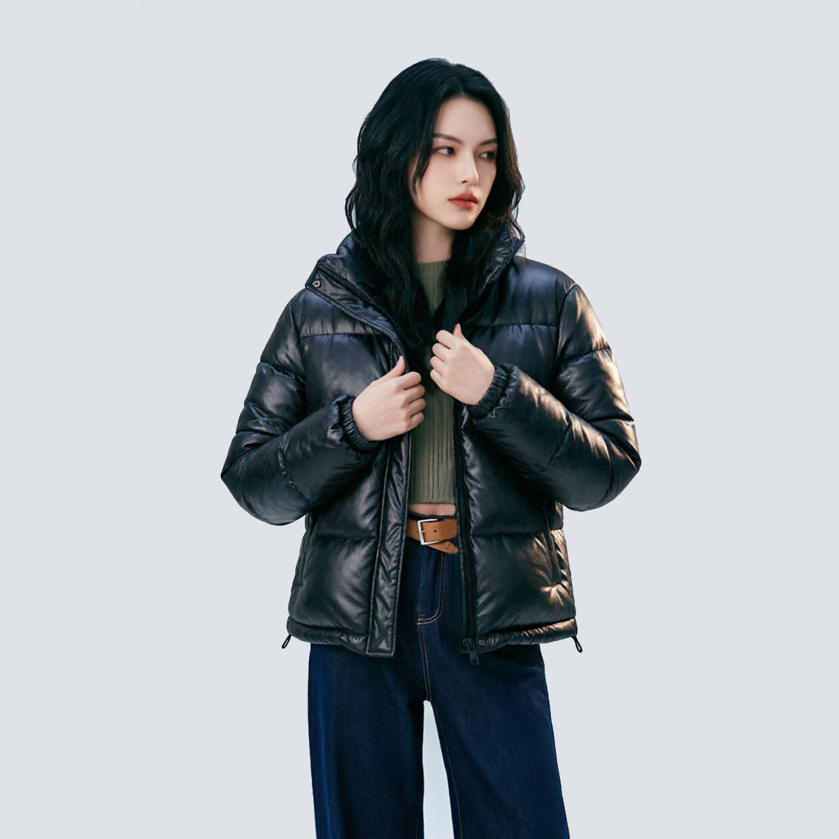 Women Short Cut Quilted Faux Leather Padded Jacket with High Standing Collar Chichicherry
