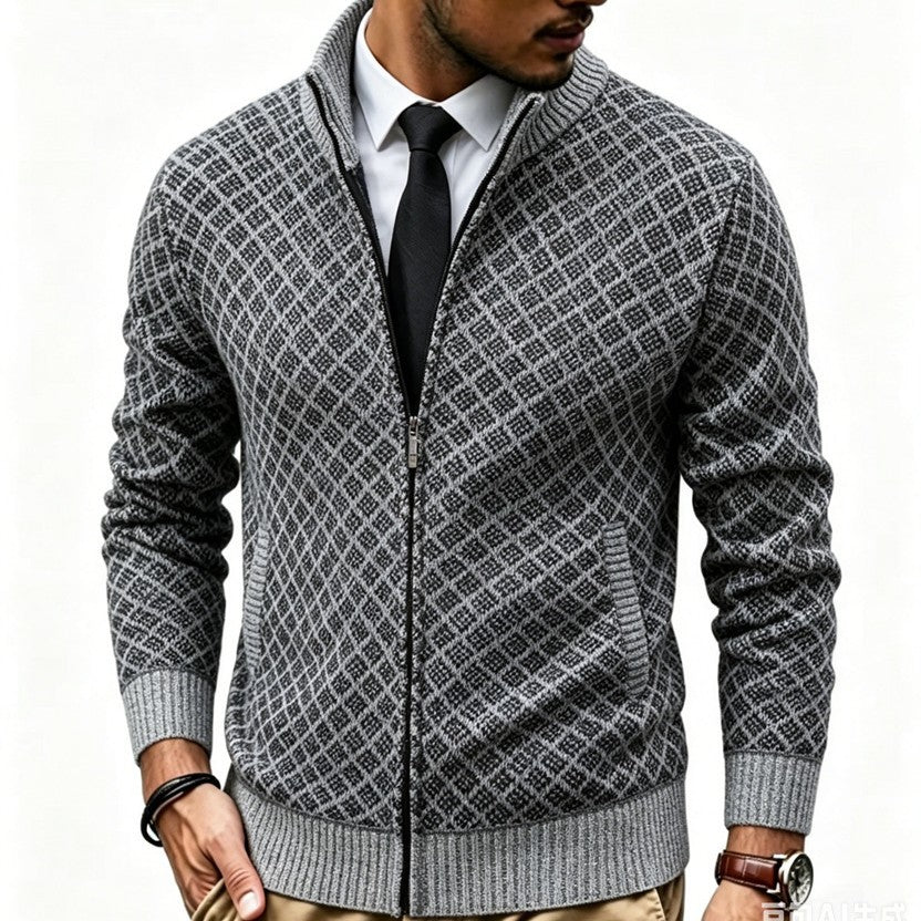 Men's Structured Cardigan with Stand-up Collar and Diamond Jacquard Chichicherry