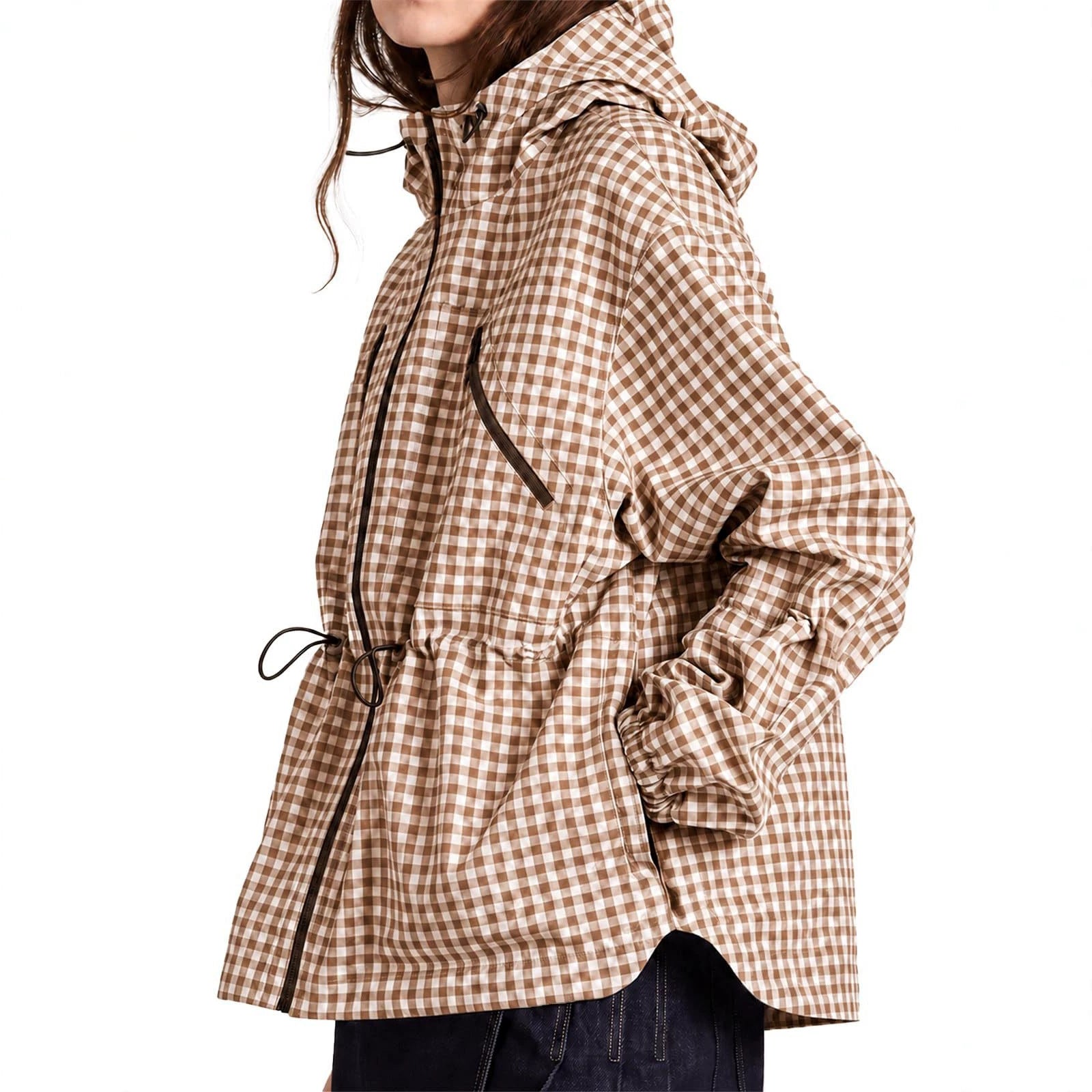 Women's Water-repellent Oversized Hooded Jacket in Check Pattern with Waist Drawstring Chichicherry