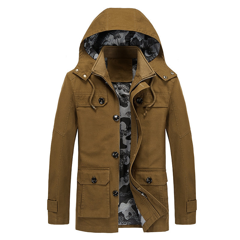 Men's Hooded Canvas Field Jacket with Camouflage Lined Interior and Multifunctional Pockets Chichicherry