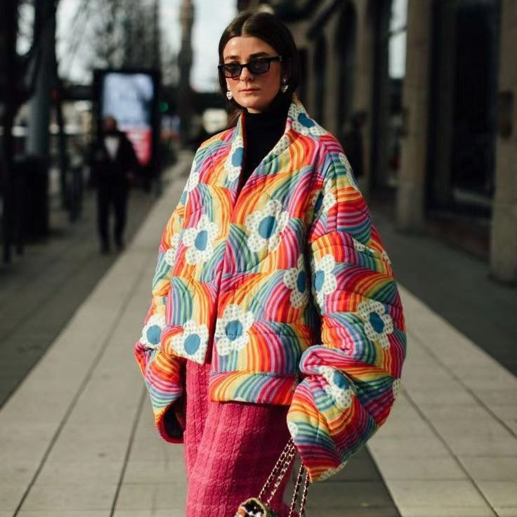 Women Short Oversized Padded Jacket with Colorful Rainbow Stripes and Flower Application Chichicherry