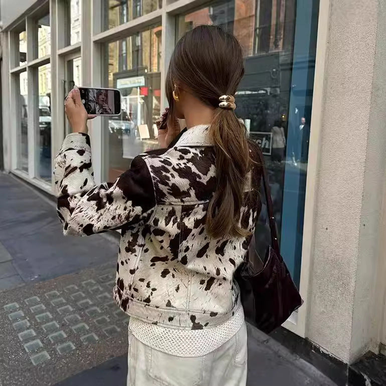 Women's Cropped Shirt Jacket with Cow Spot Pattern and Patch Chest Pockets Chichicherry