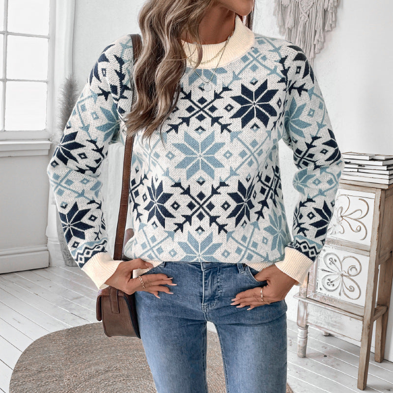 Women's Norwegian Pattern Knit Sweater with Round Neck, Ribbed Cuffs and Relaxed Fit
