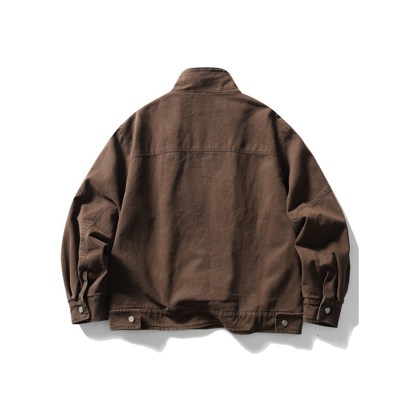 Men's Oversized Canvas Jacket with Stand-Up Collar, Snap Button Front and Concealed Zipper Interior Insert Chichicherry
