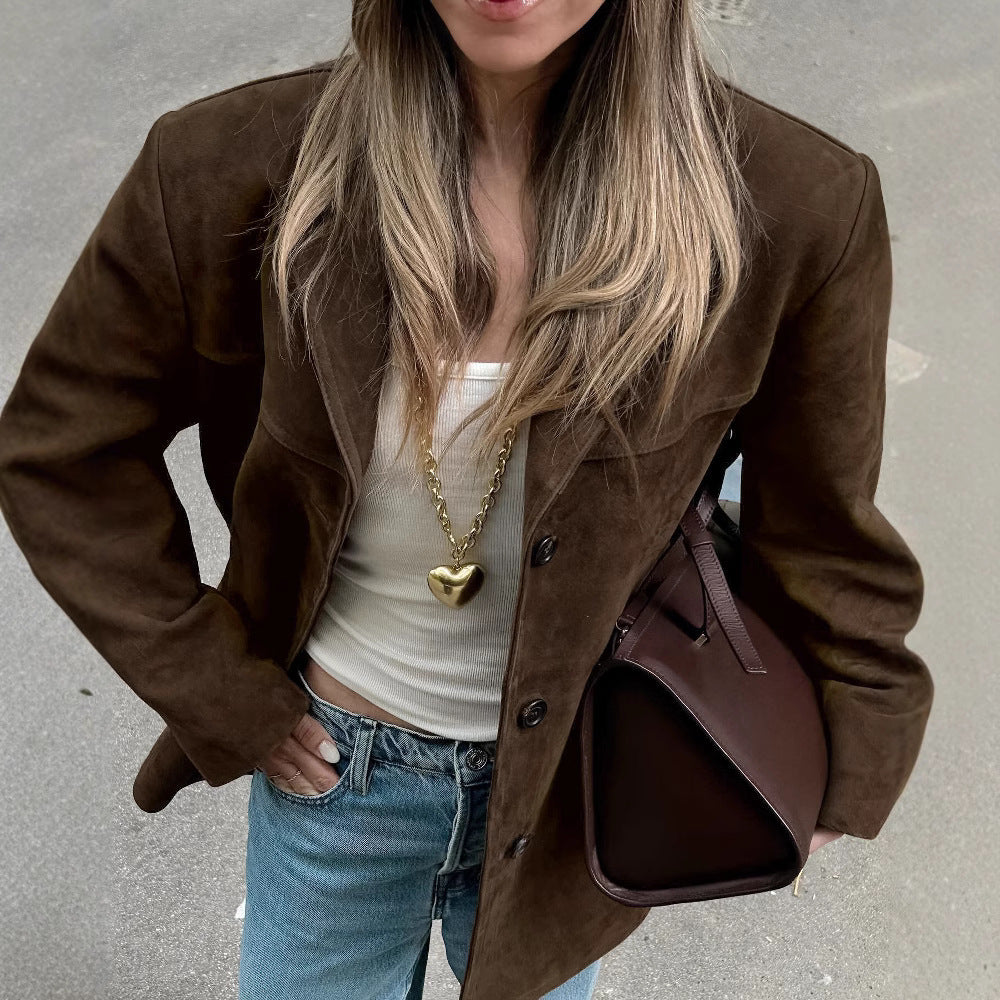 Women's Oversized Suede Blazer with Lapel Collar and Flap Pockets Chichicherry