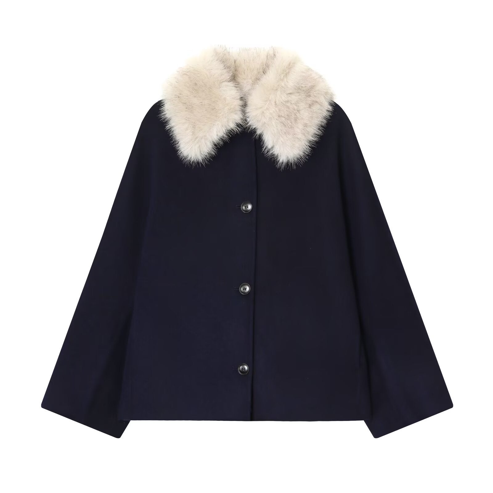 Women's wool cape with removable faux fur collar and concealed button placket Chichicherry