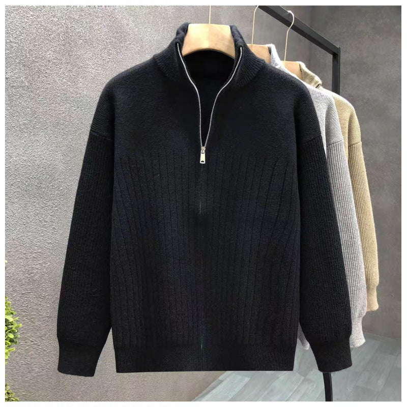 Herren Oversize Feinstrick-Pullover mit halbem Reißverschluss und markanter Rippenstruktur Chichicherry