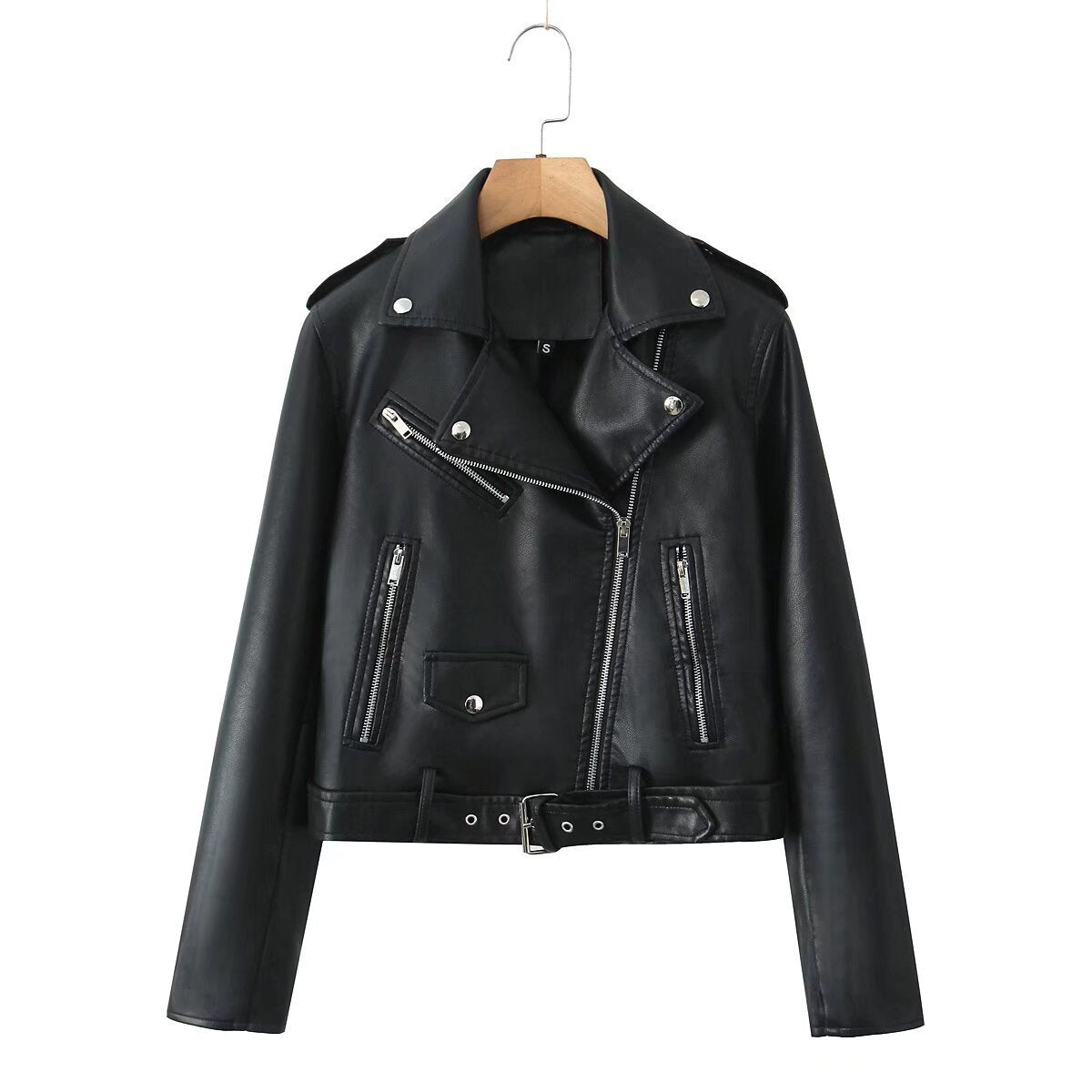 Women's robust fitted biker jacket made of faux leather with asymmetrical zipper and waist belt Chichicherry