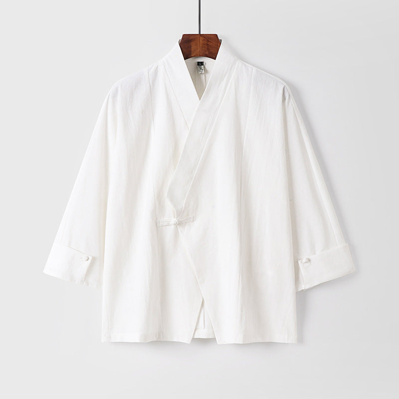 Men's Linen Kimono Jacket with Traditional Knot Closure and Medium-Length Sleeves Chichicherry