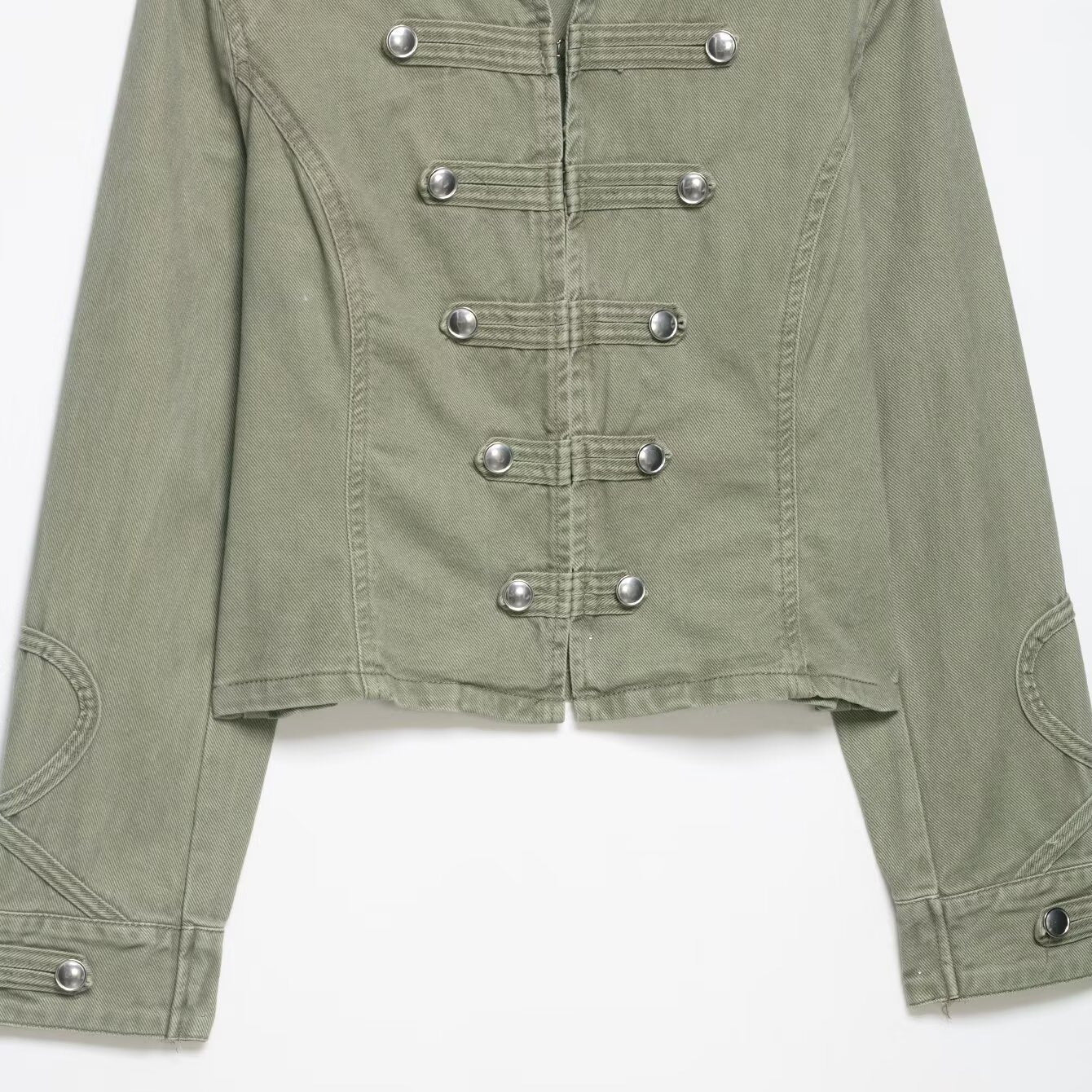 Women's short jacket in military look with stand-up collar, decorative flaps, and quilted sleeve patches Chichicherry