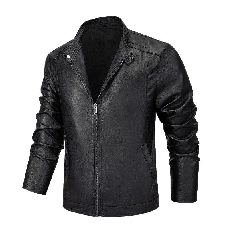 Men's Slim-Fit Faux Leather Zip Jacket with Stand Collar and Seam Panels Chichicherry