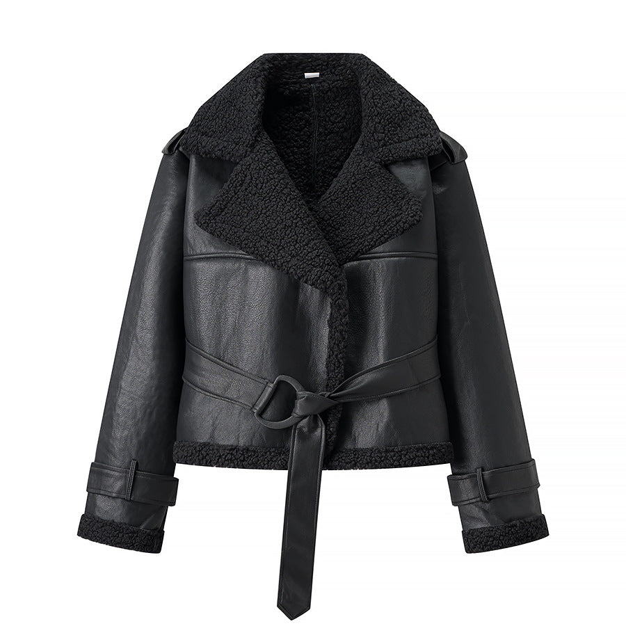 Women Short Flight Jacket Made of Faux Leather with Teddy Fur Collar and Waist Belt Chichicherry